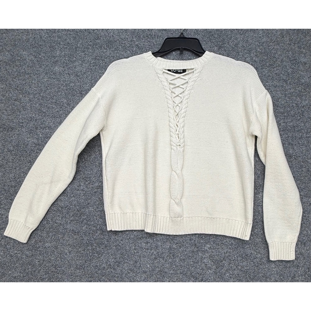 DO+BE Cream White Lace Up Cable Knit V-Neck Sweater Women L Braided Long Sleeve